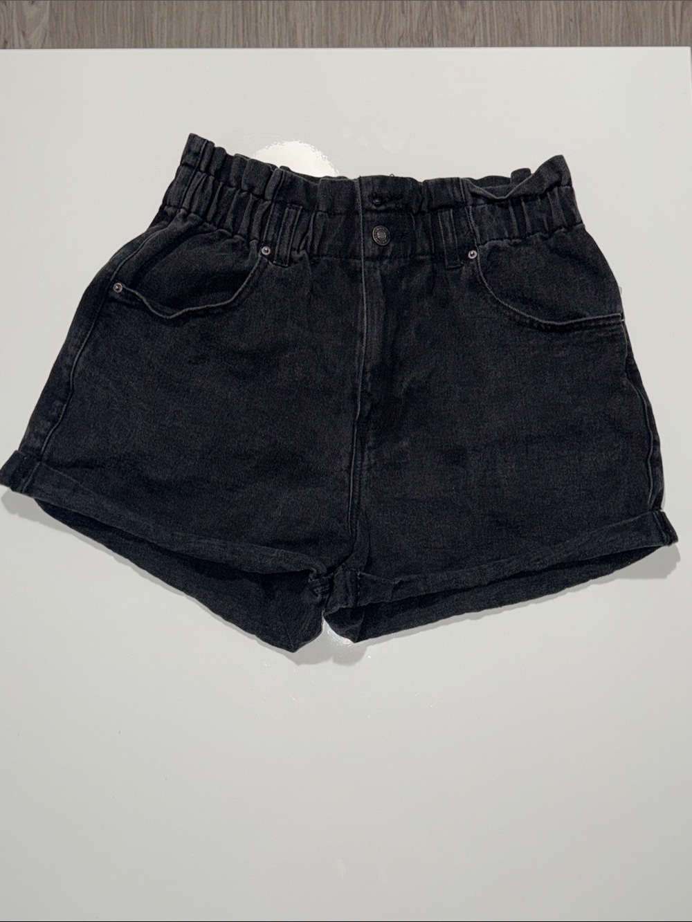 Forever 21 Black High-Rise Denim Paper Bag Shorts Size L